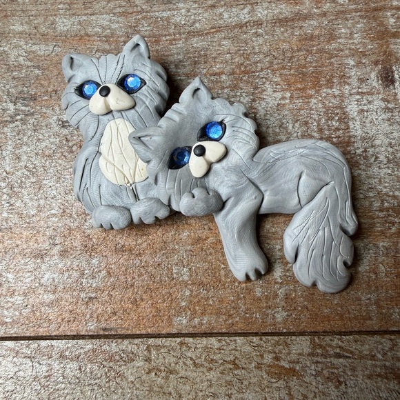 Vintage Cat Brooch Pin Lot Tigre Lis Polymer Clay Wearable Art Jewelry Handmade - Picture 2 of 12